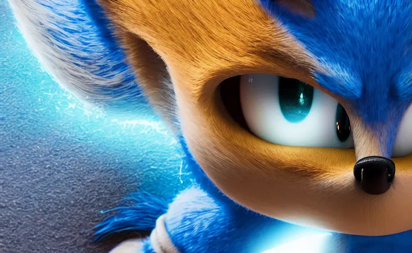 Image similar to a stunning cinematic closeup of sonic, movie scene, high details, Raytracing, octane render, vivid colors, 32k, denoise, 3d shaders, ambient occlusion, 3d reflections, sub surface scatter, renderman, visual effects, lens flare, halation, chromatic aberration, high sample render, deep colors, dramatic lighting