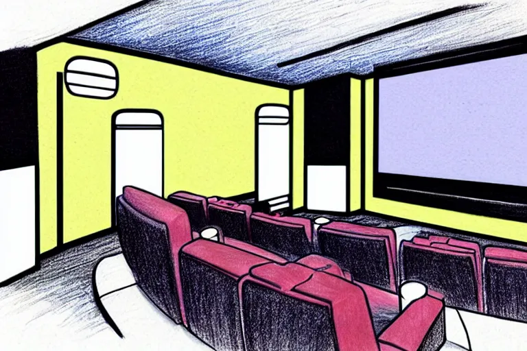 Prompt: a modern home movie theater, sleek, comfortable, stylish decor, designed by martyn lawrence bullard, color pencil sketch illustration