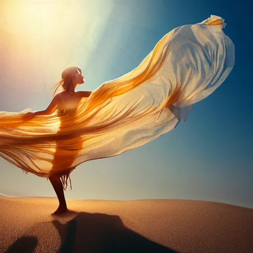 Image similar to filmstill photography of female body silhouette covered with curly white translucent blanket blowing in wind, acrylic liquid colors, luxurious supermodel photoshooting, golden jewelry, bokeh, godrays, strong wind, wrinkles, sunrays, sunset, lens flares, monet, renoir, cold colors, digital illustration, art noveau, liquid marbling painting, sand dunes