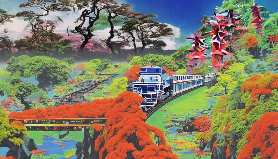 Prompt: Japan rural splendor rail travel and touring c2050, surrealist psychedelic photo-collage painting in the style of Newsweek magazine, +81 magazine, Roger Dean, Yoshio Awazu, vivid color