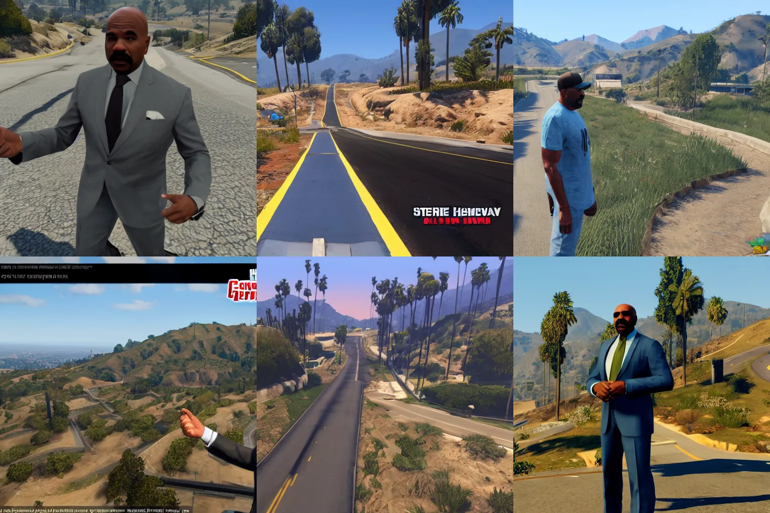 Prompt: Steve Harvey at the hills of Los Angeles outskirts, GTA V gameplay screenshot, sharp, Unreal Engine 5, very detailed shading