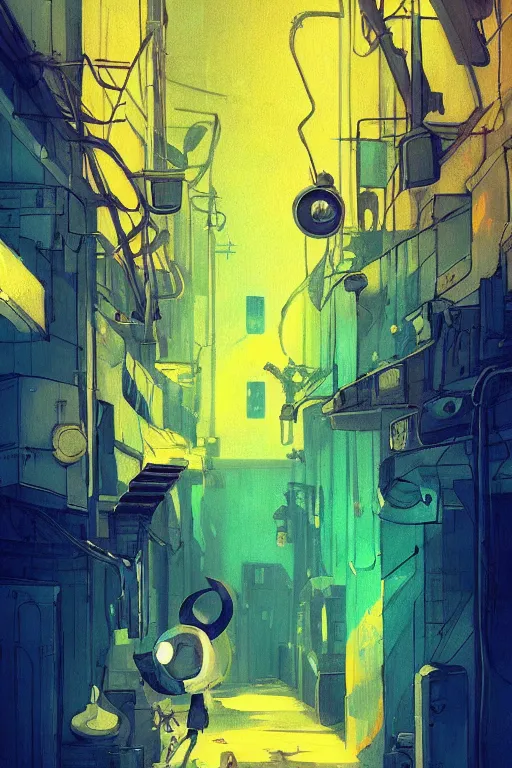 Prompt: teal and yellow colors. Alleyway in style of cytus and deemo, mysterious vibes, set in half-life 2, beautiful with eerie vibes, very inspirational, very stylish, surrealistic, perfect digital art, mystical journey in strange world, bastion game