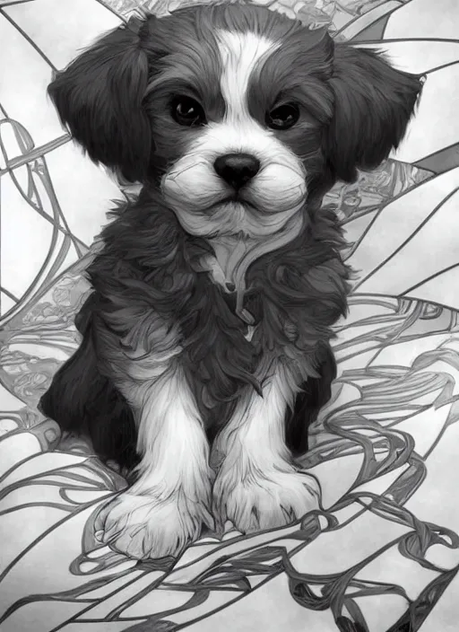 Image similar to the cutest lil puppy you ever did see takeshi obata, art by artgerm and and alphonse mucha, art by loish, wlop