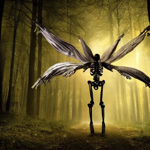 Image similar to skeleton of a mysterious fantasy winged creature in a forest at night, 4 k, photorealistic