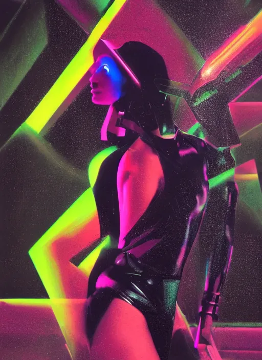 Image similar to futuristic lasers, data visualization, cyberpunk bodysuit, mask, laserpunk, visor, rain, wet, oiled, sweat, girl pinup, by steven meisel, james jean and rolf armstrong, geometric cubist perfect geometry abstract acrylic and hyperrealism photorealistic airbrush collage painting with menocjrome muted and neon fluorescent colors, 8 0 s eros