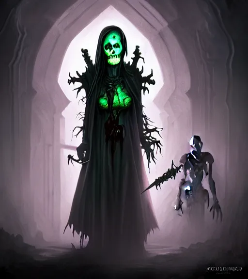 Image similar to gothic necrolord female with zombie servents, digital painting, liminal eerie midnight backlit, a picture taken by Michael Komarck and Daniel Ljunggren