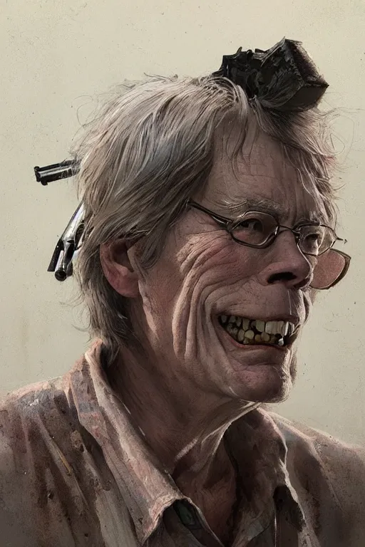 Image similar to Portrait of stephen king as hillbilly with shotgun, village, intricate, highly detailed, smooth, artstation, digital illustration by Ruan Jia and Mandy Jurgens and Artgerm and Wayne Barlowe and Greg Rutkowski and Zdislav Beksinski