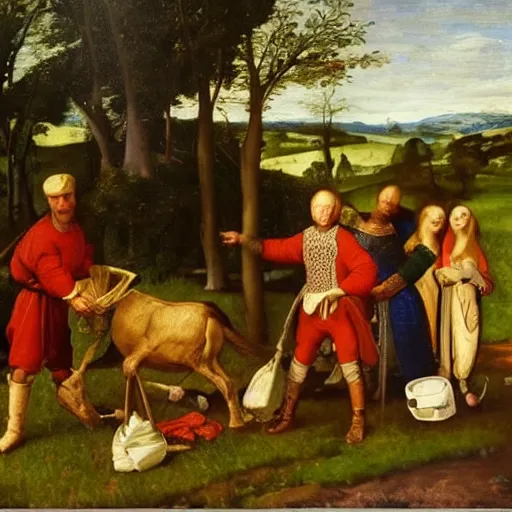 Prompt: feudal serfs sorting through recycling, pastoral scene, renaissance oil painting old master