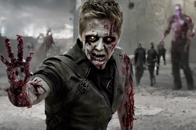 Prompt: film still of zombie zombie Hawkeye as a zombie in new avengers movie, 4k