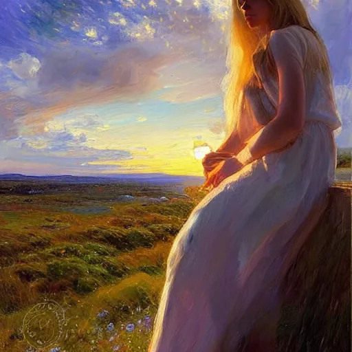 Image similar to blonde woman watching over the swedish countryside, archipelago, night, masterpiece, highly detailed, beautiful, atmospheric, impressionism, painting by Vladimir Volegov