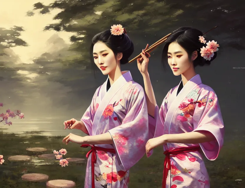 Image similar to two beautiful fashion taiwan girls wear elegant yukata in festival | | big eyes, summer night, realistic shaded, smile, good looking, fine details, 4 k realistic, cryengine, realistic shaded lighting poster by greg rutkowski, magali villeneuve, artgerm, jeremy lipkin and michael garmash and rob rey