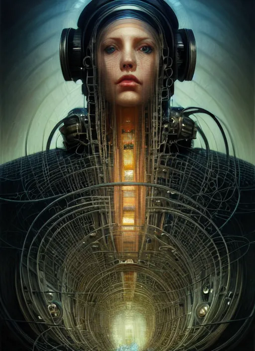 Image similar to portrait shot of machine that creates humans in a scenic dystopian environment, intricate, tubes and cables, elegant, highly detailed, centered, digital painting, artstation, concept art, smooth, sharp focus, illustration, artgerm, tomasz alen kopera, peter mohrbacher, donato giancola, joseph christian leyendecker, wlop, boris vallejo