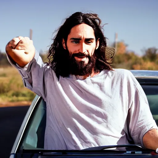 Prompt: jesus riding a car