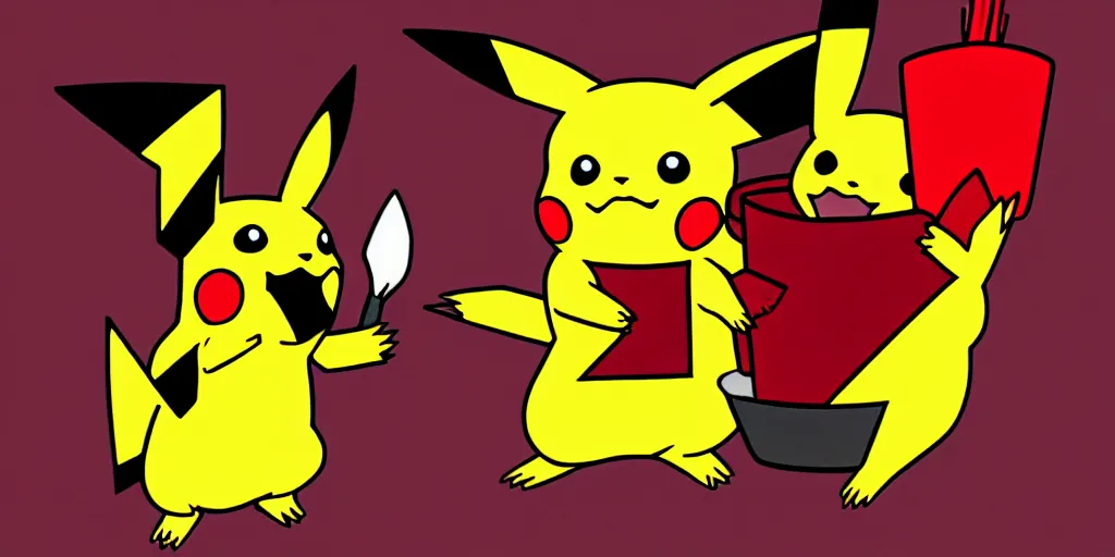 Image similar to pikachu devouring a dog, sharp teeth burtal eyes scary mouth dark room red candles trash bin