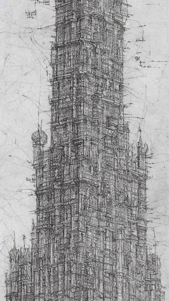 Image similar to architectural design studies of pise tower, schematics, notes, different closeup view, drawn by Leonardo da Vinci, chinese inkpen draw, artistic, intricated details