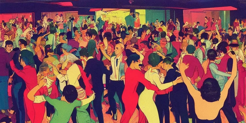 Image similar to a crowd of people dancing underneath a disco ball, risograph by ernie barnes, rex goreleigh, edward hopper, satoshi kon and moebius,, no text!, colorful flat surreal design, super - detailed, a lot of tiny details, fullshot