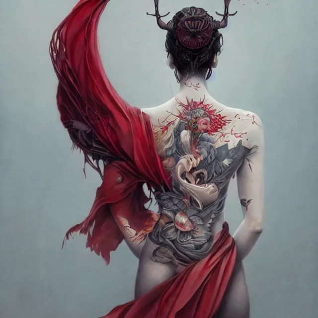 Image similar to ultra realistic illustration, beautiful ethereal woman dressed in red kimono, backview, tattoos, in the style of peter mohrbacher by weta digital and beth cavener, high face symmetry, intricate, masterpiece, award winning, high face symmetry, intricate