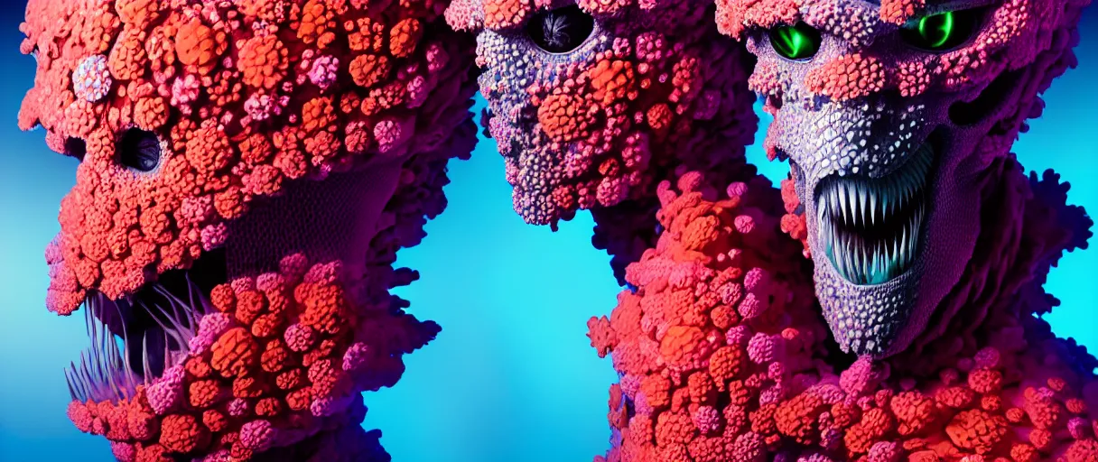 Image similar to hyperrealist highly detailed english medieval portrait of high fashion monster wearing uv light reef armor, radiating atomic neon corals, concept art pascal blanche dramatic studio lighting 8k wide angle shallow depth of field