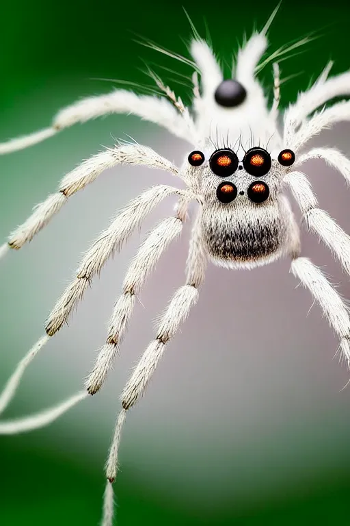 Prompt: high quality macro photo fluffy white spiders! gorgeous highly detailed hannah yata elson peter cinematic dark green lighting high quality low angle hd 8k sharp shallow depth of field