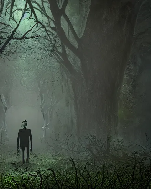 Image similar to a shady, undead man is walking towards a horrific monster in a densely overgrown, eerie jungle, fantasy, stopped in time, dreamlike light incidence, ultra realistic, award winning picture