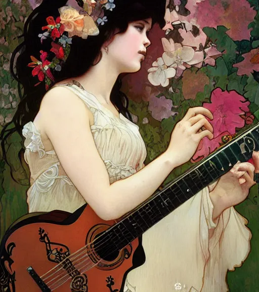 Prompt: realistic detailed painting of a cute Día de los Muertos girl playing guitar by Alphonse Mucha Ayami Kojima Amano Charlie Bowater, masterpiece