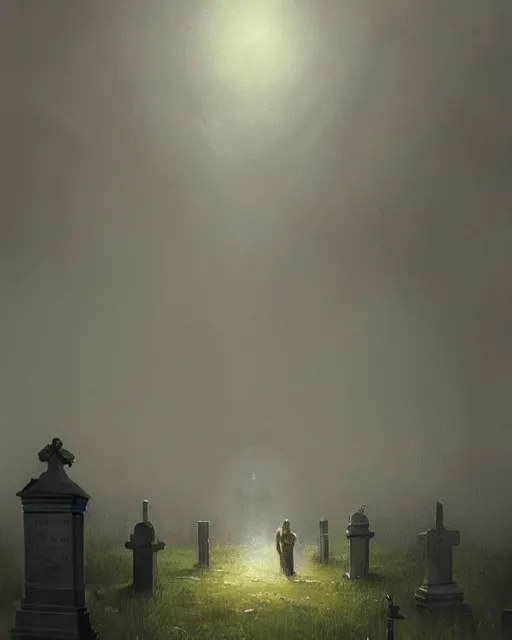 Prompt: a highly detailed epic cinematic concept art CG render digital painting artwork: Cemetery in fog. By Greg Rutkowski, in the style of Francis Bacon and Syd Mead and Norman Rockwell and Beksinski, open ceiling, highly detailed, painted by Francis Bacon and Edward Hopper, painted by James Gilleard, surrealism, airbrush, Ilya Kuvshinov, WLOP, Stanley Artgerm, very coherent, triadic color scheme, art by Takato Yamamoto and James Jean