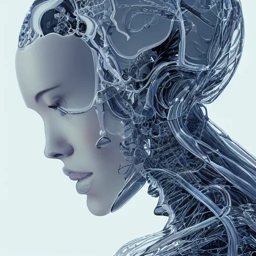 Prompt: the profile portrait of an extremely beautiful, gorgeous, elegant and sophisticated glass femel mechanoid made of transparent glass, ultrafine detailed illustration by james jean, giuseppe arcimboldo, intricate, final fantasy, unreal engine 5 highly rendered, global illumination, colored light, fine fiberglass, luminous, volumetric light, 8 k, artstation.