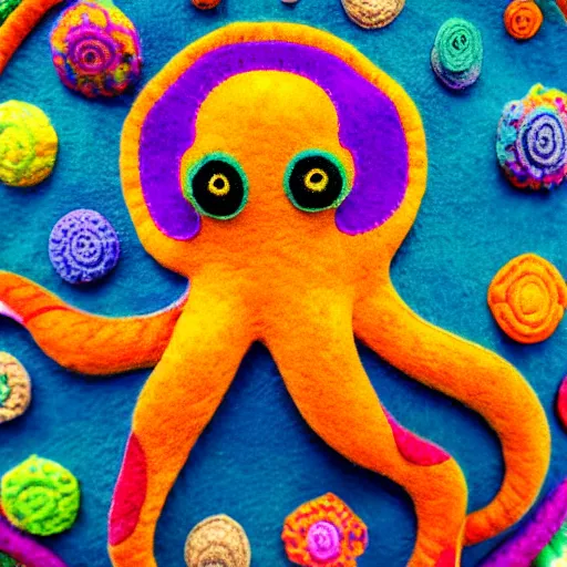 Image similar to a cute octopus in a colorful ornate felt mandala with fine details