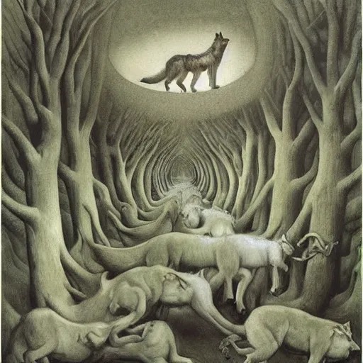 Image similar to forest of dancing wolves, by Odd Nerdrum, by Francisco Goya, by M.C. Escher, fairy-tale illustration style, very detailed, colorful, beautiful, eerie, surreal, psychedelic