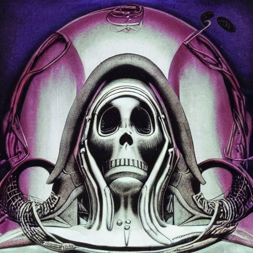 Image similar to post - punk new age album cover, magic, apocalypse, psychedelic, black white pink, magic, giger h. r.