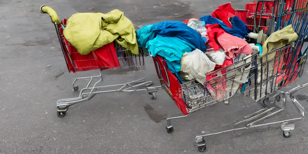 Prompt: a homeless person's shopping cart filled with dirty belongings, photorealistic