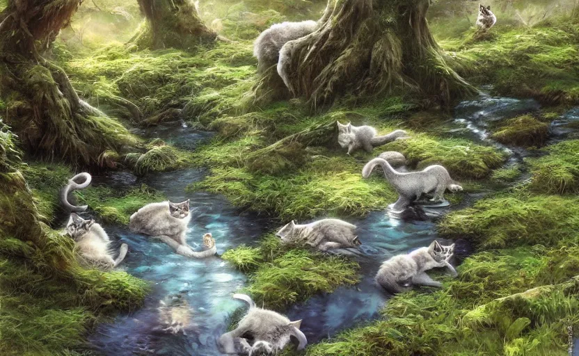 Image similar to wild fantasy cats in a clear water stream in a mossy forest, oil painting by Makoto Shinkai