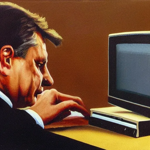 Image similar to viktor orban programming a commodore 6 4 in a cubicle, oil painting