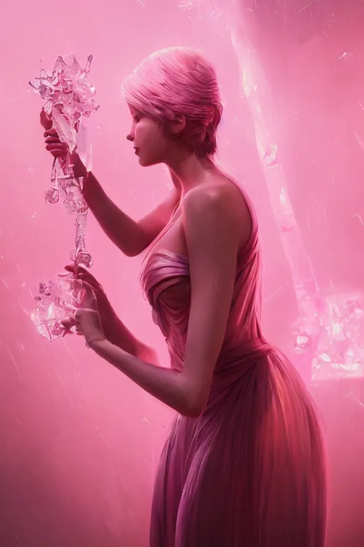 Image similar to A fancy portrait of a pink crystal statue of a women by Greg Rutkowski, beeple, Sung Choi, Mitchell Mohrhauser, Maciej Kuciara, Johnson Ting, Maxim Verehin, Peter Konig, final fantasy, macro lens , 8k photorealistic, cinematic lighting, HD, high details, dramatic, dark atmosphere, trending on artstation