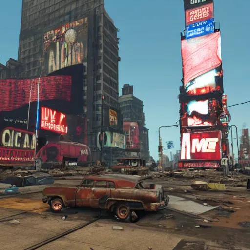 Image similar to Times Square in ruins post-nuclear war in Fallout 4, in game screenshot