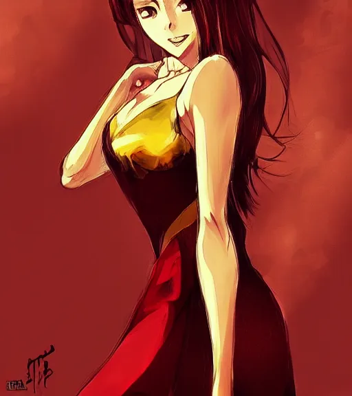 Image similar to a woman wearing a golden dress and a red shirt, anime art, digital painting, hd, stunning, tran ross