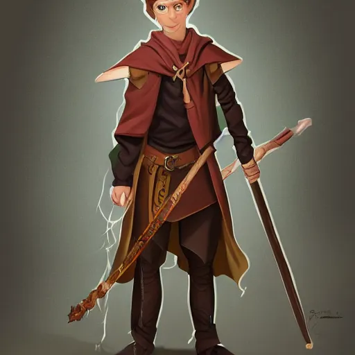 Image similar to A fullbody portrait of an adolescent male half-elf wizard who is tall and slim, focus on face, short brown hair, smiling, wizard robes, staff, sharp focus, highly detailed, photograph, cinematic, dynamic lighting, trending on artstation, digital painting, in the style of Chris Ostrowski