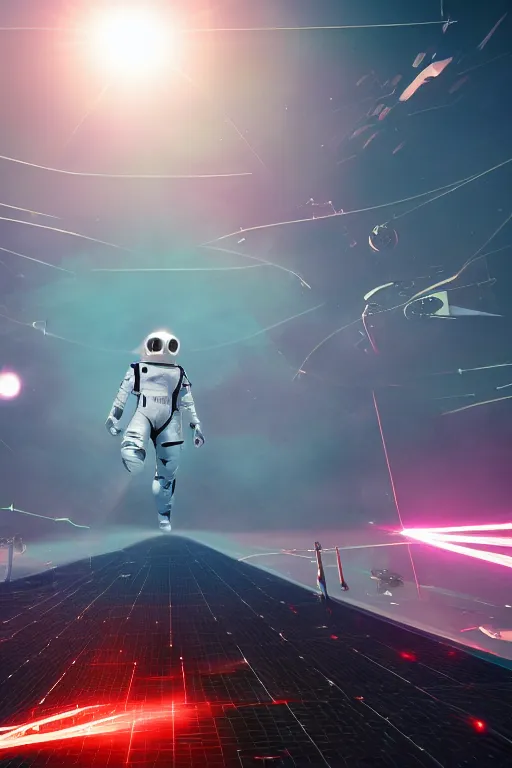 Image similar to wide view of futuristic spacemen firing lasers in zero gravity, floating, in the sky, bright white light, hiding behind obstacles, surrounded by a square laser grid, unreal engine, lensflares, low perspective, fish eye