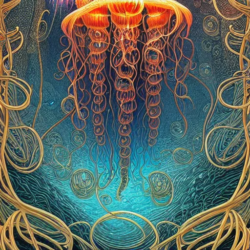 Image similar to a beautiful hyperrealistic ultradetailed comic art of gigantic glowing complex multi-layered intricate jellyfish creatures with long flowing tendrils, by Justin Gerard and Laurie Greasley and Peter Mohrbacher and Dan Mumford, tarot card art, detailed shading, vray octane, redshift. micro details, dramatic lighting, volumetric lighting, 8k