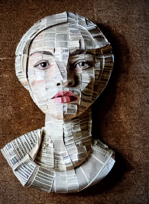 Image similar to a portrait of a beautiful young woman paper mache wrapped and made of newspaper, sitting relax and happy, marble stairs on the the backgroundhyper realistic, 8 k,