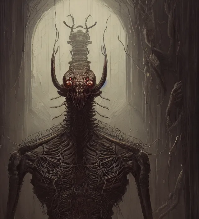 Prompt: a symmetrical matte portrait of an anthropomorphic mantis - headed demon from your worst nightmare. atmospheric lighting beyond creepy, dark, atmospheric, brooding, painted in intricate detailed by greg rutkowski, well composed, trending artstation, epic, stunning, gorgeous, intricate, wow, masterpiece