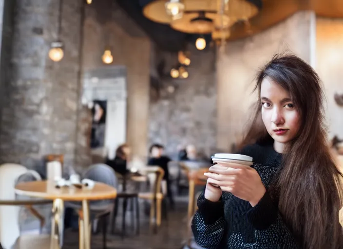 Prompt: beautiful!!!!! young adult woman in a cozy coffee shop wearing an avant garde outfit designed by zaha hadid, close up, natural lighting, 5 0 mm