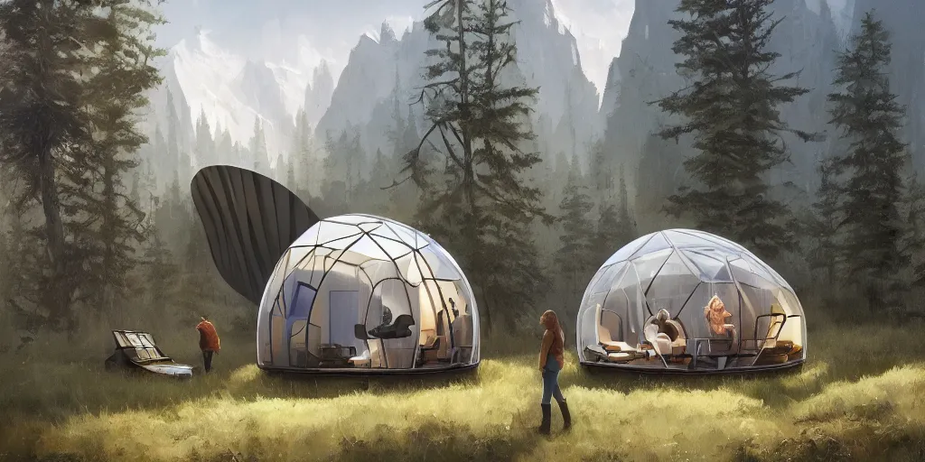 Prompt: cabela's beautiful comfortable futuristic pop up insulated all terrain family pod, cabin, modular, person in foreground, mountainous forested wilderness open fields, beautiful views, painterly concept art, joanna gaines, environmental concept art, farmhouse, magnolia, concept art illustration by ross tran, by james gurney, by craig mullins, by greg rutkowski trending on artstation