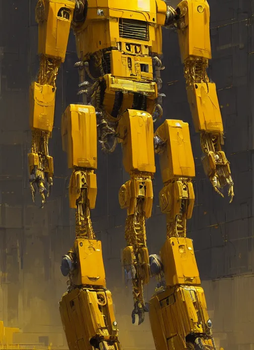 Prompt: human-sized strong intricate yellow pit droid, pancake short large head, cables, painterly humanoid mecha, by Greg Rutkowski
