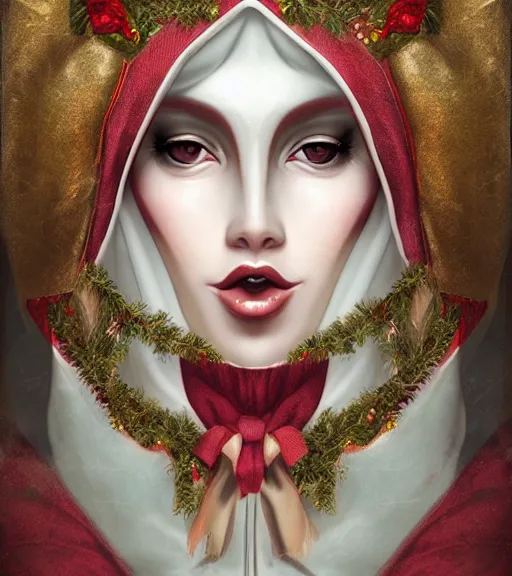 Image similar to beautiful female character inspired by venice carnival, christmas and nun | | digital artwork made by greg rutswork, anna dittmann, rosdraws and lois van barlee, symmetrical, anatomically correct, tongue out