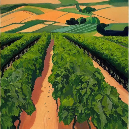 Prompt: dreaming futuristic csaterberg vineyards, painted by Alex Katz and Edward Hopper, airbrush, highly detailed