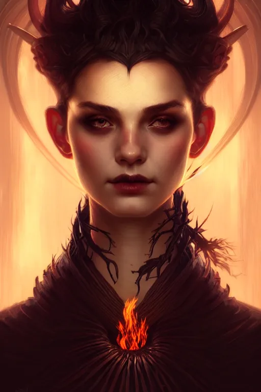Prompt: a burning witch closeup filled background around face, fantasy magic, undercut hairstyle, dark light night, intricate, elegant, sharp focus, illustration, highly detailed, digital painting, concept art, matte, art by wlop and artgerm and greg rutkowski and alphonse mucha, masterpiece