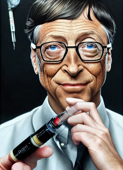 Prompt: bill gates with reptile eyes!!!, vertical pupil!!!, lizard skin, holding a syringe!!, portrait, intricate, elegant, highly detailed, digital painting, artstation, concept art, wallpaper, smooth, sharp focus, illustration, art by h. r. giger and artgerm and greg rutkowski and alphonse mucha