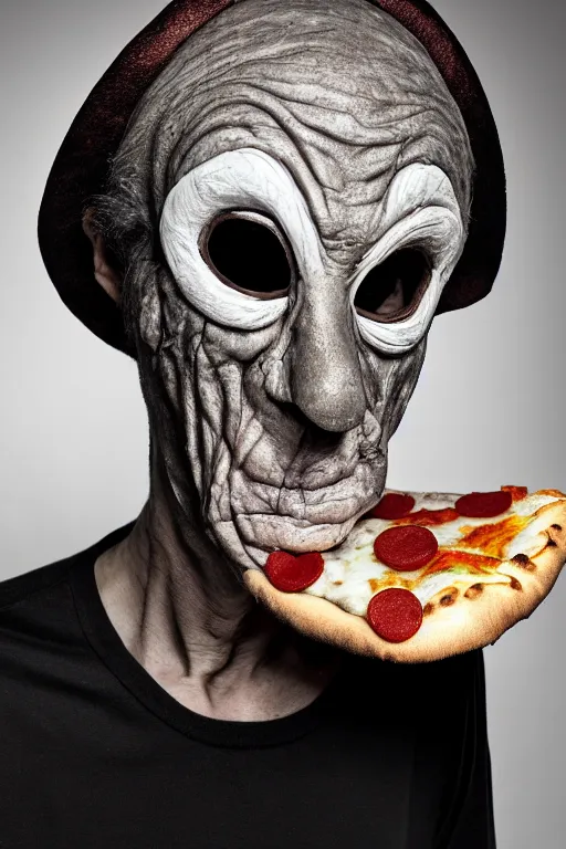 Image similar to portrait photo of an old wrinkled man, skinny face, bony face, long crooked nose, large gaping mouth, black pulcinella mask, masquerade mask, pointy conical hat, white wrinkled shirt, holding up a pizza, presenting a large pizza, close - up, skin blemishes, menacing, intimidating, masterpiece by peter lindbergh