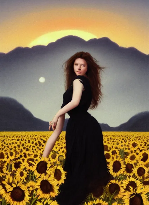 Image similar to oil painting portrait of a young woman with long dark flowing hair in a black dress, standing in a windy field of sunflowers at sunset with mountains in the background, hazy, digital art, chiaroscuro, artstation, cinematic, golden hour, digital art painting by greg rutkowski, bouguereau, 7 0 s japanese book art, hazy atmosphere, flowers, cinematic lighting